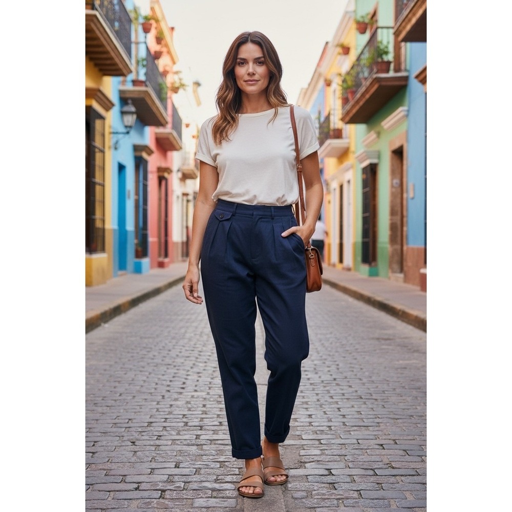 Ralph Lauren Women Navy Blue Pleated Trouser Pants‎ Size 8 Cotton Blend